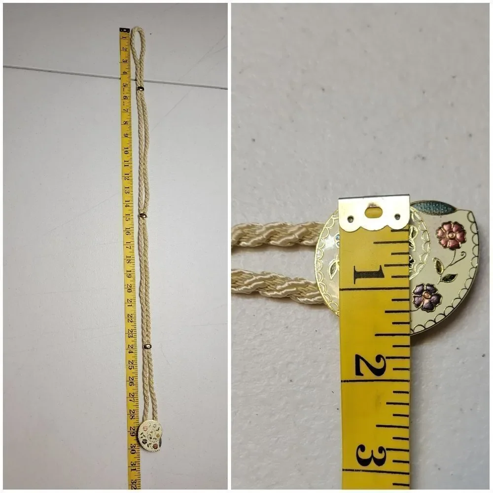Vintage Cream Rope Belt with Gold Toned Cloissone Floral Enamel Seashell Buckle